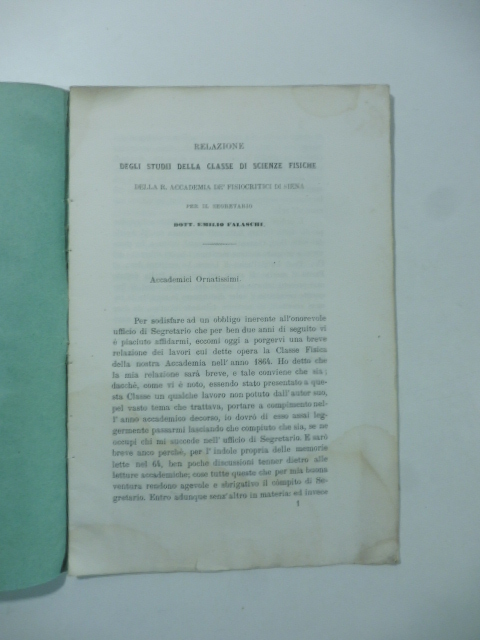 Relazione degli Studi della classe di scienze fisiche della R. Accademia de' Fisiocratici di Siena
